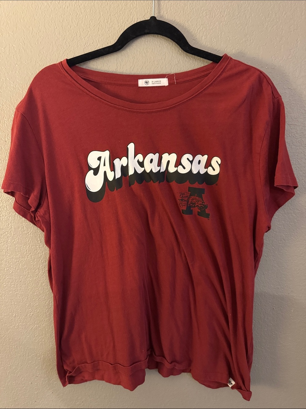 47 Brand Women's Arkansas Script Tee - Red with White and Black Print. Size XL